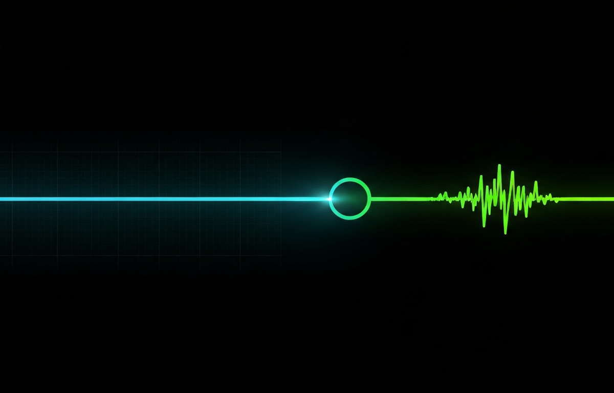 A signal line shifting from a dim cool tone to a bright lime tone at a central pivot point, representing the live devnet-to-mainnet switch at halftime.