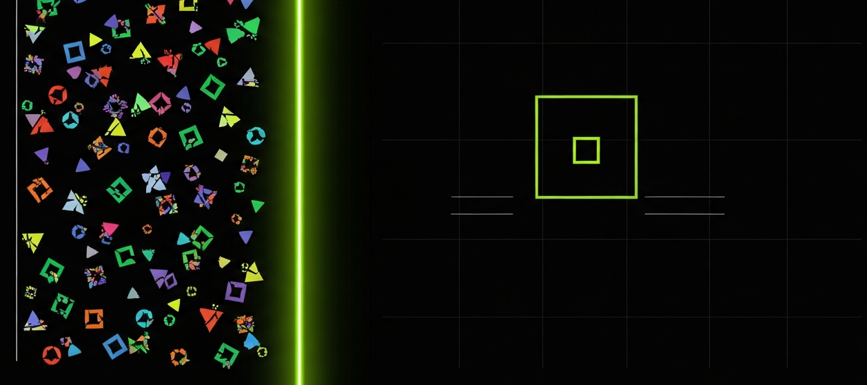 A split composition: scattered chaotic mismatched shapes on one side representing the earlier interface, a single precise ordered square on the other representing the broadcast-desk redesign.